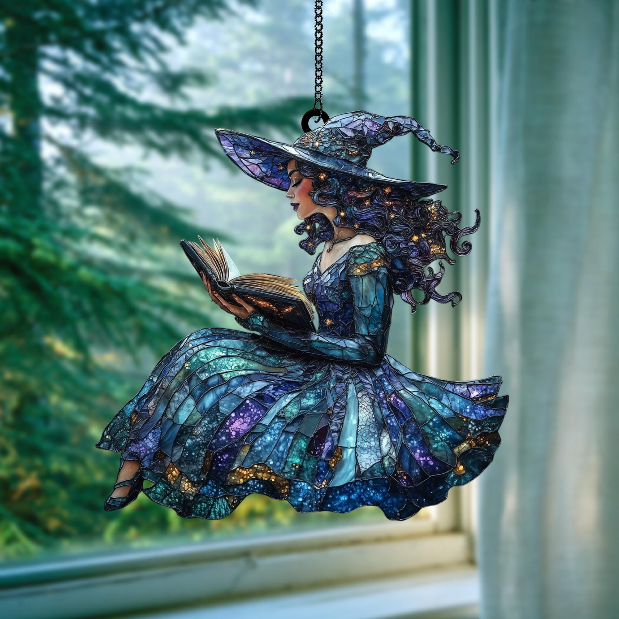 Galaxy Witch Reading Spellbook Acrylic Suncatcher – Faux Stained Glass ...