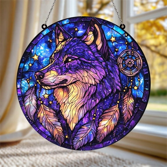 Galaxy Wolf Acrylic Suncatcher, Faux Stained Glass Dreamcatcher Window Decor, Mystic Starry Night Hanging, Gift For Him