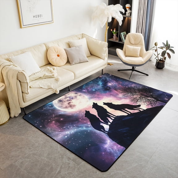Galaxy Wolf Area Rug 5x6'6,Blue Purple Starry Sky No Shedding Area Rugs for Living Room Bedroom,Howling Wolf Family Silhouette Indoor Floor Mat for Playroom Bedside Office