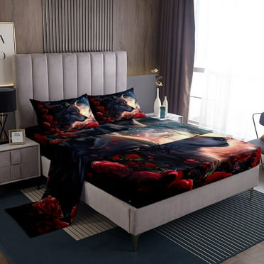 Galaxy Wolf Bed&nbsp;Sheets&nbsp;Set Red Rose Sheets,American Animals Sheet&nbsp;Set Twin,Woodland Wildlife Bedding&nbsp;Set Bohemian Flowers Room Decor