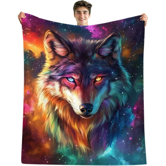 Galaxy Wolf Blanket, Cool Wolf with Ice and Fire Eyes Blanket, Colorful Space with Starry Stars Blanket, Wolf Plush Throw Blanket, Wolf Blanket for Adults Kids, Novelty Wolf Gifts, Galaxy Wolf