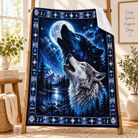 Galaxy Wolf Duo Blanket, Two Howling Wolves Flannel Throw with Full Moon, Stars, Mountain Lake and Geometric Border for Sofa, Bed and Reading Nook, 30 x 40 in