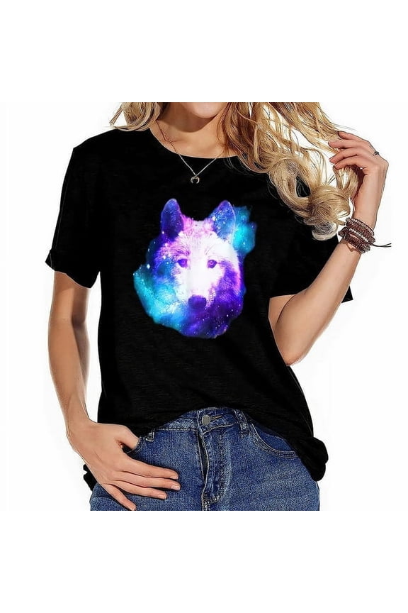 Galaxy Wolf Graphic T-Shirt Cosmic Nebula Animal Art Black Unisex Adult Tee Retro Celestial Wolf Head Top