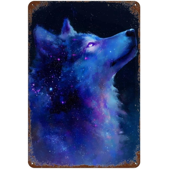 Galaxy Wolf Metal Tin Sign Vertical Wall Art 11.8 x 7.9 Inch Hanging Plate Decoration for Home Bar