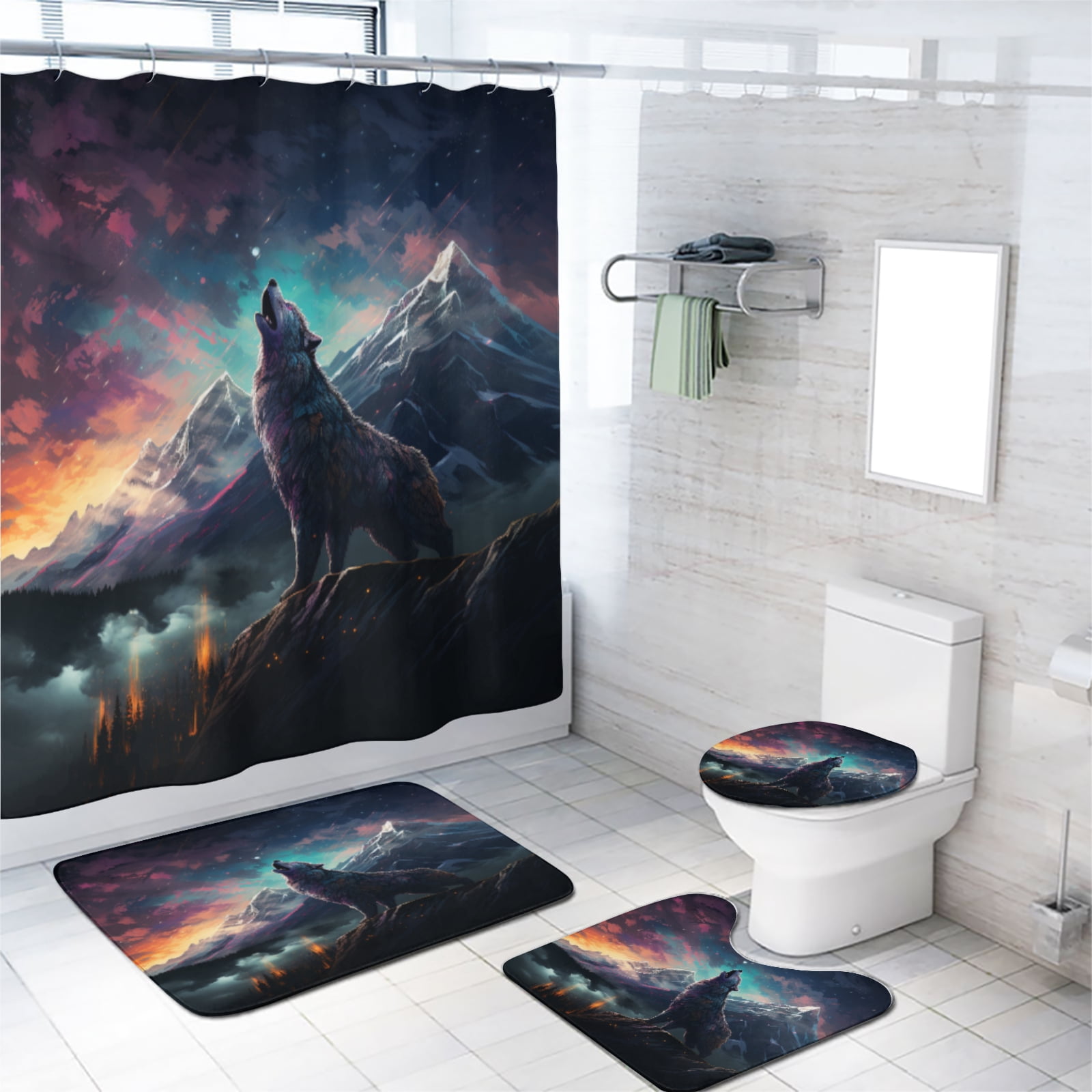 Galaxy Wolf Shower Curtain Set Fantasy Forest Wild Animal Howling Pine Tree with Toilet Lid Cover, Bath Mat, Shower Curtains for Bathroom Rug Set, 72x72 Inch