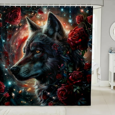 Galaxy Wolf Shower Curtain Set Red Rose Bath Curtain 72"Wx72"L,American Animals Woodland Wildlife Bathroom Accessories,Bohemian Flowers Bathroom Decor Wall Art