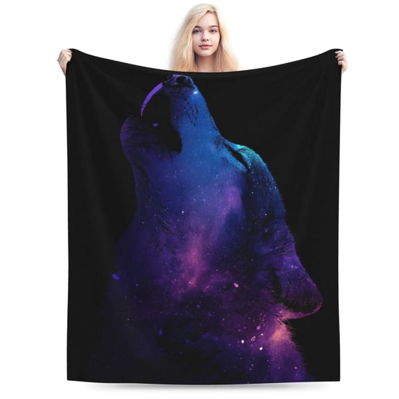 Galaxy Wolf Spirit Throw Blanket, Nebula Space Celestial Art Soft Flannel Fleece, Modern Home Bedroom Dorm Decor for Space Fans 50x40