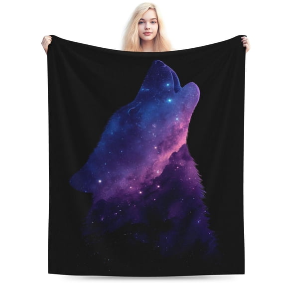 Galaxy Wolf Spirit Throw Blanket, Nebula Space Celestial Art Soft Flannel Fleece, Modern Home Bedroom Dorm Decor for Space Fans 50x40