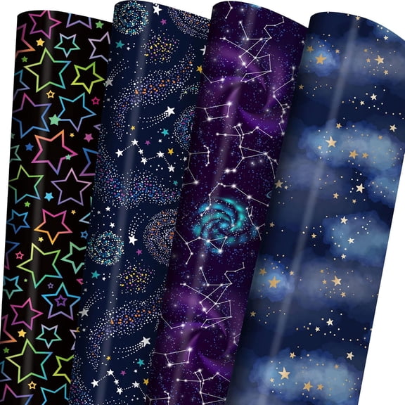 Galaxy Wrapping Paper for Boys Girls Birthday Shower - Neon Stars, Night Sky, Galaxy with Nebula - 8 Sheets, 20x29 Each, Easy Storage