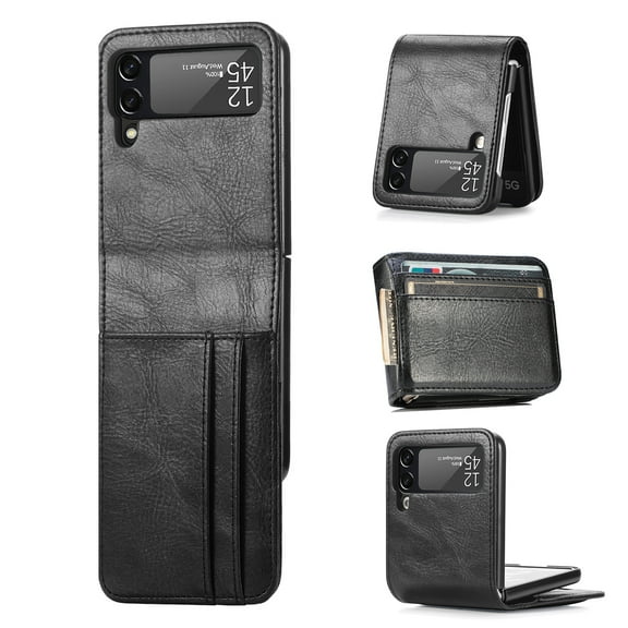 Galaxy Z Flip 3 5G Case (6.7 Inch) - TECH CIRCLE Lightweight Synthetic Leather/Plastic Protective Case with Card Holders, Scratch Resistant Wallet Simple Cover (Black)