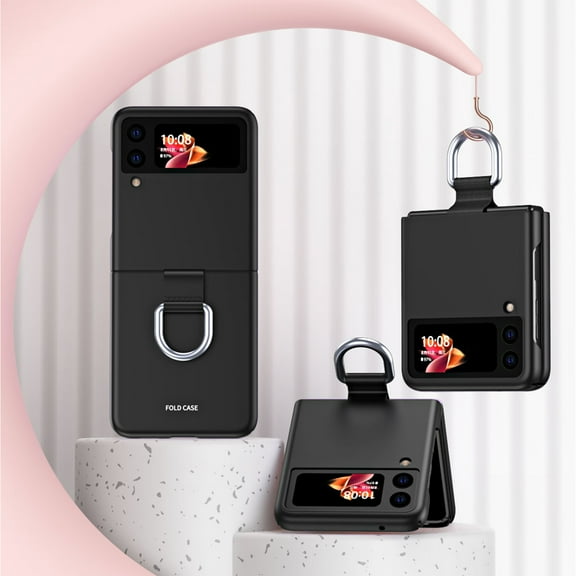 Galaxy Z Flip 3 5G Case,  for Samsung Z Flip 3 phone Case 2021 6.7", with Ring Holder Soft Ribbon lanyard Ultra Thin Hard PC Anti-Scratch Shockproof Floding Slim Lightweight Cover, Black