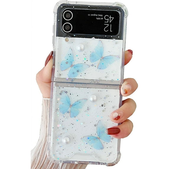 Galaxy Z Flip 3 Clear Case, Cute Pretty Butterfly Glitter Shockproof Soft Flexible Rubber Girls Women Cover Case for Samsung Z Flip 3 (Blue)