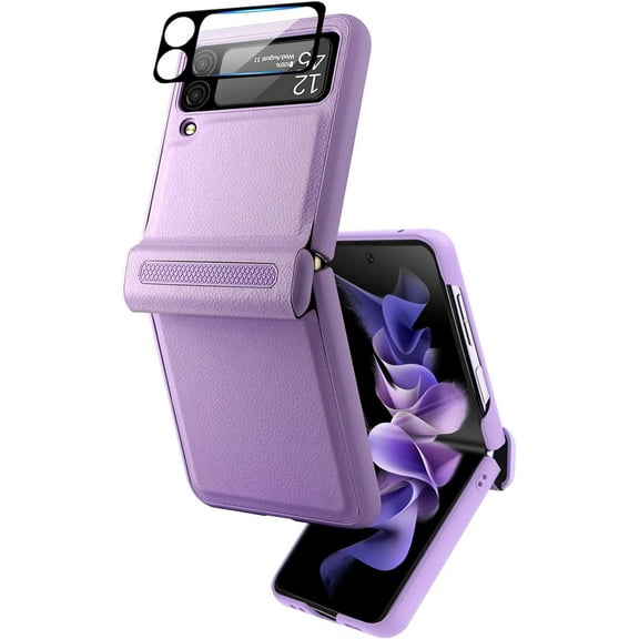 Galaxy Z Flip 3 Phone Case with Hinge Protection,Compatible Samsung Flip 3 Case with Screen Protector Heavy Duty Shockproof Protective Cover Case for Samsung Galaxy Z Flip 3 Cute Women-Purple