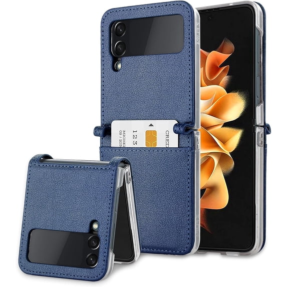 for Galaxy Z Flip 4 5G Case with Card Holder Hard PC Premium Leather Wallet Case for Women Girls Men Anti-Scratch Anti-Drop Protective Slim Cover with Card Slot-Blue