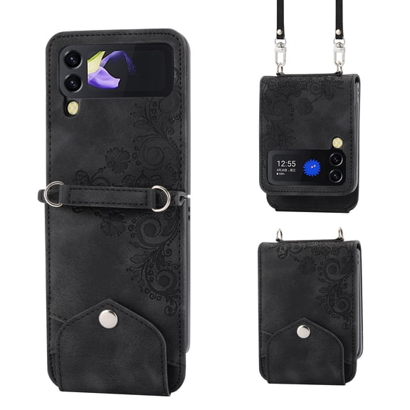 Galaxy Z Flip 4 Case with Crossbody Shoulder Strap, Dteck Slim Embossed PU Leather Hinge Protection Wallet Phone Case with Card Slots for Samsung Galaxy Z Flip 4, Black