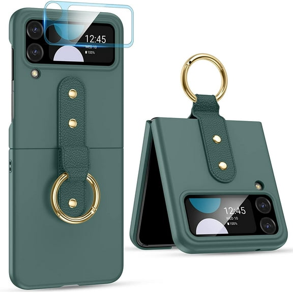 Galaxy Z Flip 4 Case with Ring Holder, Z Flip 4 Case with 9H Glass All-Inclusive Camera Lens Protector and Metal Ring Holder, Matte PC Slim Protective Case for Samsung Galaxy Z Flip 4 5G - Green