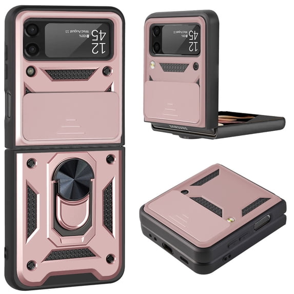 For Galaxy Z Flip 4 Case with Ring Holder Kickstand, Allytech Silde Camera Lens Protector Flip Hard PC Anti-Scratch Cover for Samsung Z Flip 4 2022, Rosegold