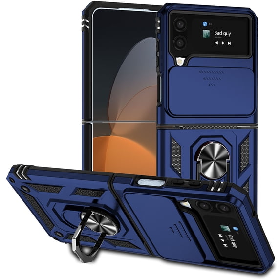 for Galaxy Z Flip 4 Case, Soft TPU & Hard PC Anti-scratch Sliding Cover Full Protection Ring Stand Rotating Kickstand Holder Magnetic Shockproof Phone Case Cover for Samsung Z Flip 4 5G,Blue