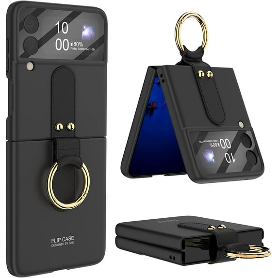 Galaxy Z Flip 4 Case with Hinge Protection Samsung Protective Cover with Ring Phone Case for Samsung Galaxy Flip 4 5G- Black