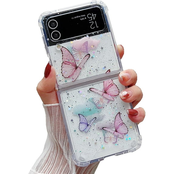 Galaxy Z Flip 4 Clear Case, Cute Pretty Butterfly Glitter Shockproof Soft Flexible Rubber Girls Women Cover Case for Samsung Z Flip 4 (Pink)