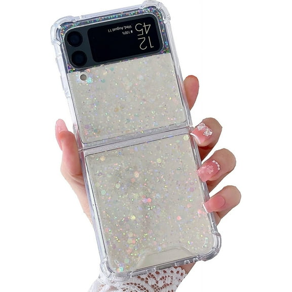 Galaxy Z Flip 4 Clear Case, Soft Clear Flexible Rubber Glitter Sparkle Case Girls Women Corners Shockproof Protective Cover for Samsung Galaxy Z Flip 4 -White