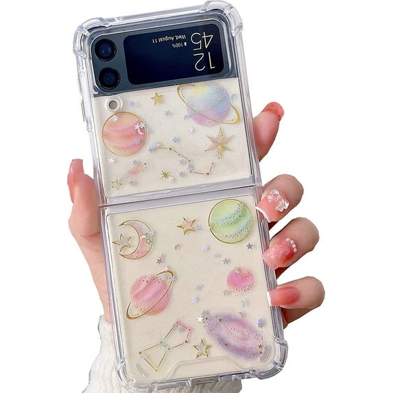 Galaxy Z Flip 4 Clear Case, Soft Clear Flexible Rubber Planet Space Stars Sparkle Case Girls Women Glitter Shockproof Protective Case for Samsung Galaxy Z Flip 4 -Universe