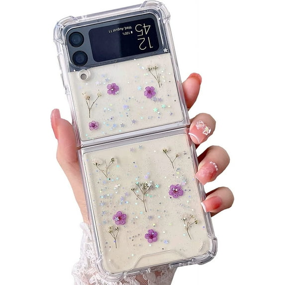 Galaxy Z Flip 4 Real Flower Case, Soft Clear Flexible Rubber Pressed Dry Real Flowers Case Girls Women Glitter Shockproof Floral Cover for Samsung Galaxy Z Flip 4 -Purple