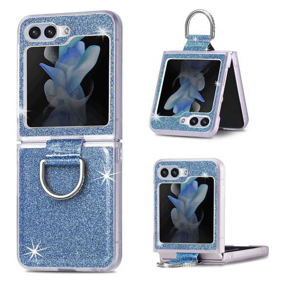 for Galaxy Z Flip 5 5G Case with Ring, Glitter Crystal Bling Sparkly Leather with Slim Fit Hard PC Bumper Protective Cases Cover Compatible with Samsung Galaxy Z Flip 5 5G 2023, Blue