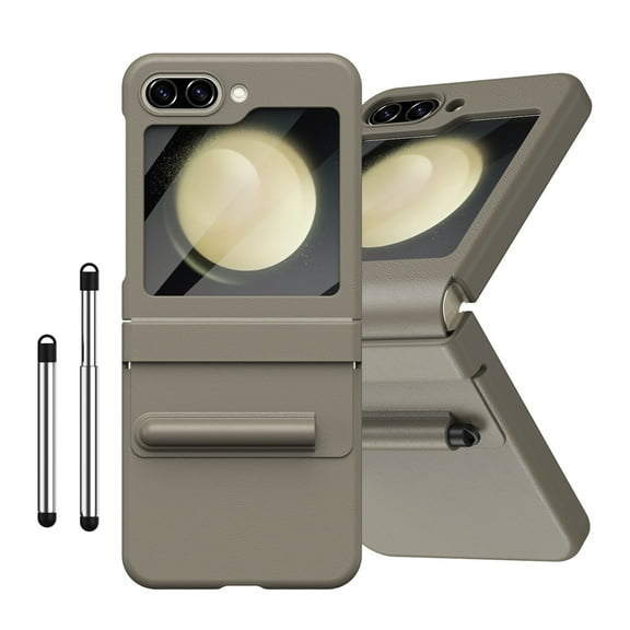 Galaxy Z Flip 5 All-Inclusive Case, Galaxy Z Flip 5 Case with S Pen Holder and Hinge Protection, Built-in Kickstand with Screen Protector + Stylus for Samsung Galaxy Flip 5 Cover, Brown