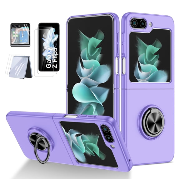 Galaxy Z Flip 5 Case with 2 Set Screen Protector, With Ring Holder Stand Shockproof Protective Anti-Scratch Hybrid Case Cover for Samsung Galaxy Z Flip 5 - Purple