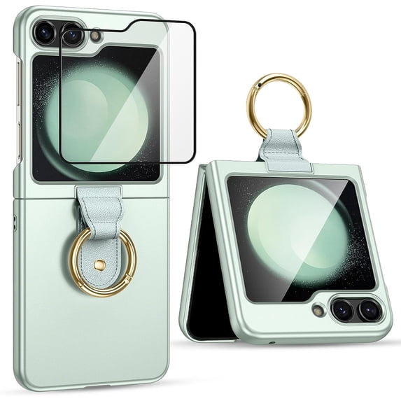 Galaxy Z Flip 5 Case with Ring Holder, Z Flip 5 Case with 9H Glass All-Inclusive Camera Lens Protector and Metal Ring Holder, Matte PC Slim Protective Case for Samsung Z Flip 5 5G - Mint Green