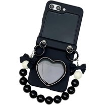for Galaxy Z Flip 6 Kawaii Magnetic Big Heart Stand Phone Case with Bracelet Wristband, Full Body Hinge Protective Shockproof Protective Cover Case for Z Flip 6 (Black,Flip 5)