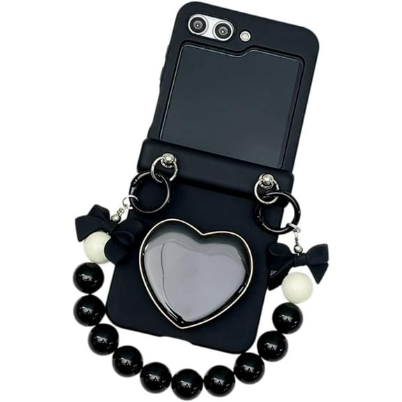 for Galaxy Z Flip 6 Kawaii Magnetic Big Heart Stand Phone Case with Bracelet Wristband, Full Body Hinge Protective Shockproof Protective Cover Case for Z Flip 6 (Black,Flip 5)
