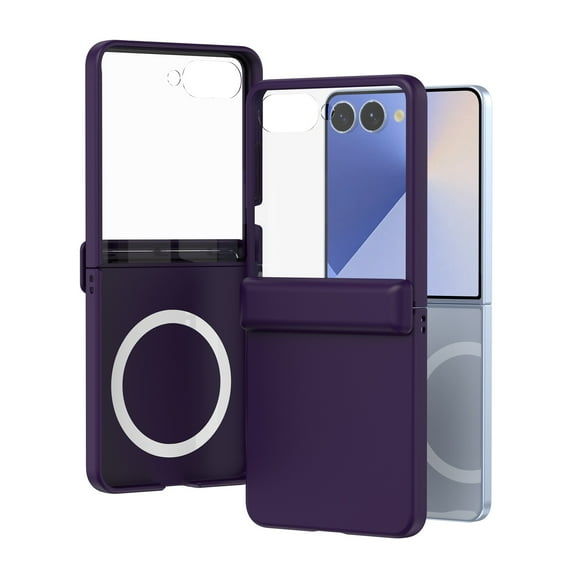 for Galaxy Z Flip 7 FE / Z Flip 6 Case with Tempered Glass Outer Screen Protector, Hard PC Slim Cover with Hinge Protection, Shockproof Anti-Drop Skin-Friendly, Support Wireless Charging, Dark Purple