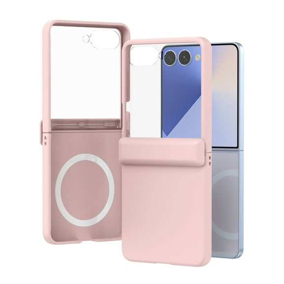 for Galaxy Z Flip 7 FE / Z Flip 6 Case with Tempered Glass Outer Screen Protector, Hard PC Slim Cover with Hinge Protection, Shockproof Anti-Drop Skin-Friendly, Support Wireless Charging, Pink
