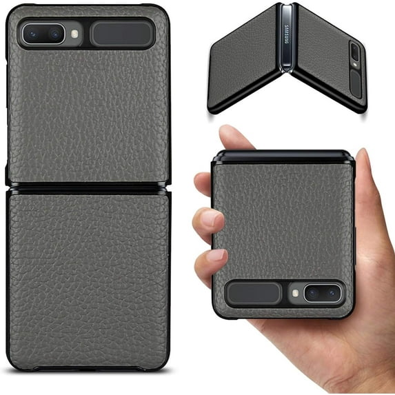 Galaxy Z Flip/Z Flip 5G Case,Ultra Slim Thin Litche Partten Premium Genuine Leather Shook-Proof Bumper Protective Cover Case for Samsung Galaxy Z Flip (2020),Gray