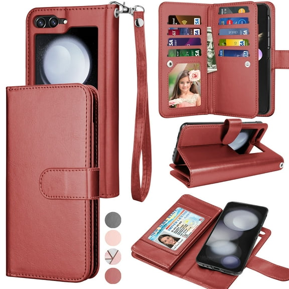 Galaxy Z Flip5 5G Cases, Samsung Z Flip5 Wallet Case, Samsung Galaxy Z Flip5 PU Leather Case, Tekcoo Luxury Cash Credit Card Slots Holder Carrying Folio Flip Cover Kickstand & Hand Strap