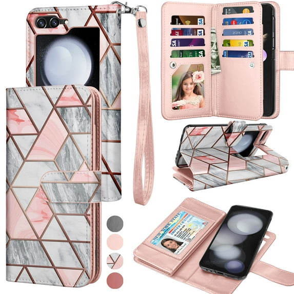 Galaxy Z Flip5 5G Cases, Samsung Z Flip5 Wallet Case, Samsung Galaxy Z Flip5 PU Leather Case, Tekcoo Luxury Cash Credit Card Slots Holder Carrying Folio Flip Cover Kickstand & Hand Strap