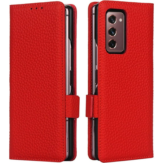 Galaxy Z Fold 2 5G Genuine Cowhide Leather Wallet Case,Flip Folio Magnetic Buckle Closure,Card Slots Holder,Cash Pockets Cover Case with Kickstand Cases for Samsung Galaxy Z Fold 2,Red