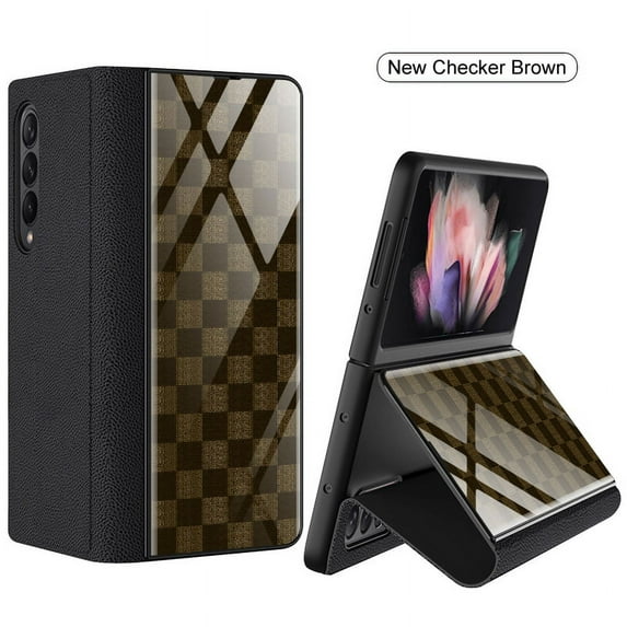 Galaxy Z Fold 3 5G Case, PU Leather Thin Slim Durable Shockproof Protective Kickstand Flip Phone Case Cover for Samsung Galaxy Z Fold 3 5G 2021,Checker Brown