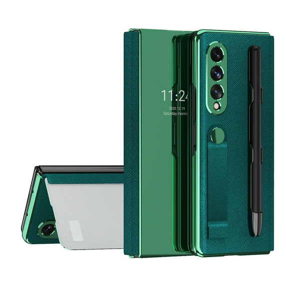Galaxy Z Fold 3 Case with Pen Slot, Allytech View Electroplated Mirror Surface Full Protective All-Inclusive PU Leather Flip Shell Kickstand Hand Strap Case for Samsung Galaxy Z Fold3 5G 2021, Green