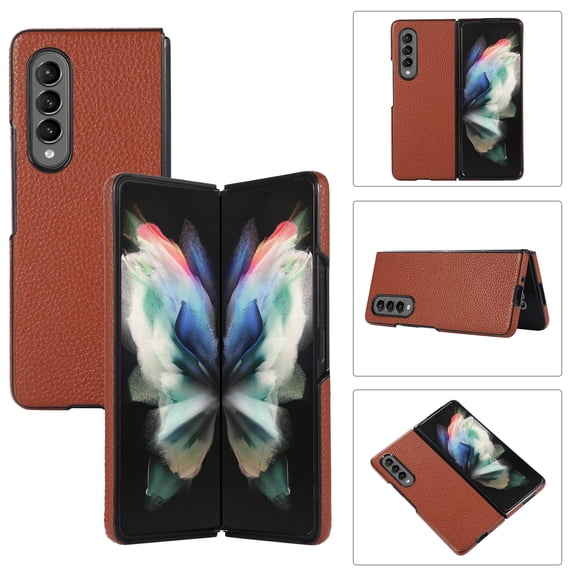 Galaxy Z Fold 3 Case, Samsung Z Fold 3 Case, Ultra Slim Lichee Pattern Shookproof Folding Anti-Drop Wear-Resistant Glossy Design Back Phone Cover For Samsung Galaxy Z Fold 3,Brown