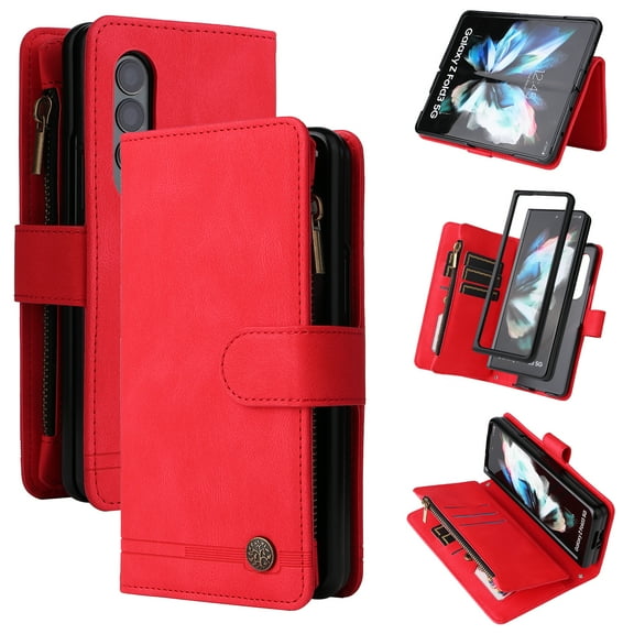 Galaxy Z Fold 3 Case, TECH CIRCLE Z Fold 3 Case Wallet for Women Men PU Leather Magnetic Flip Wrist/Shoulder Strap Zipper Card Holder Case for Samsung Galaxy Z Fold 3 5G, Red