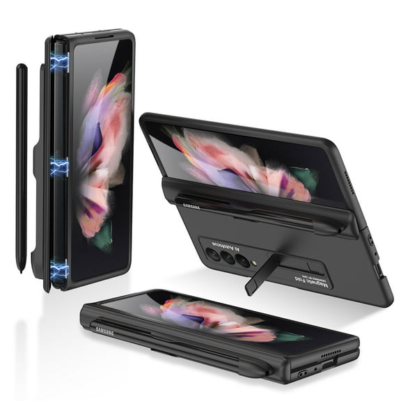Galaxy Z Fold 3 Case with Pen Holder, Dteck Samsung Fold 3 Slim Ultra-Thin PC with Kickstand Folio Flip Phone Cover, Black