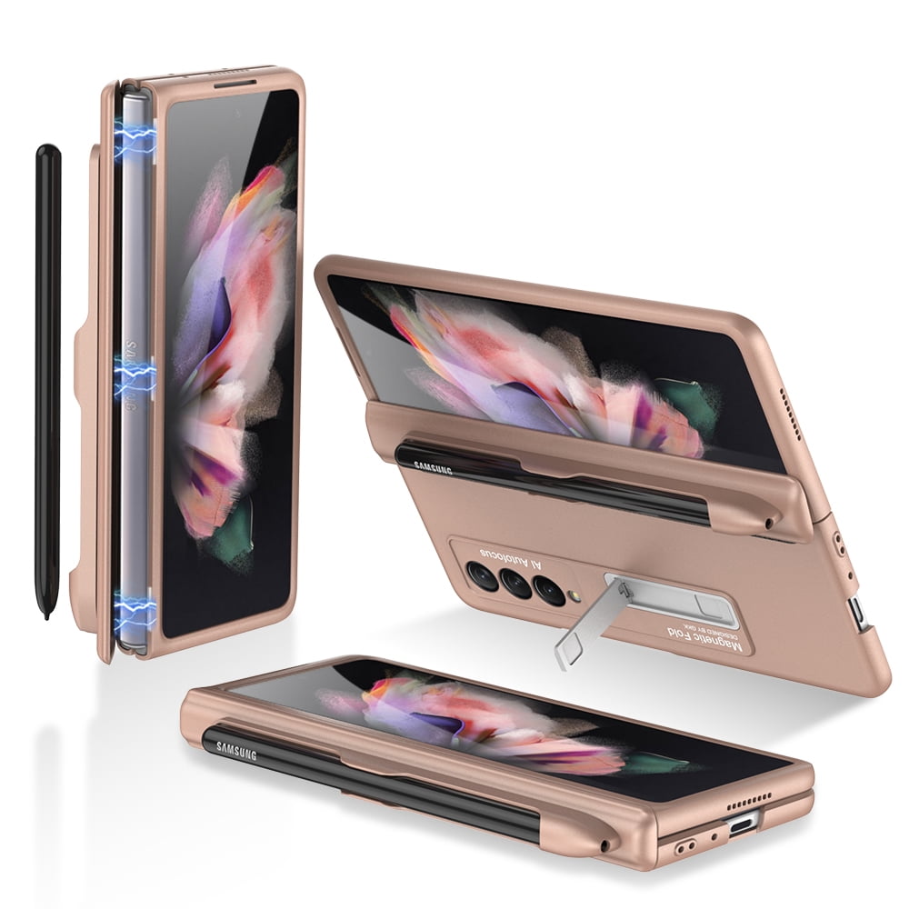 Galaxy Z Fold 3 Case with Pen Holder, Dteck Samsung Fold 3 Slim Ultra-Thin PC with Kickstand Folio Flip Phone Cover, Gold