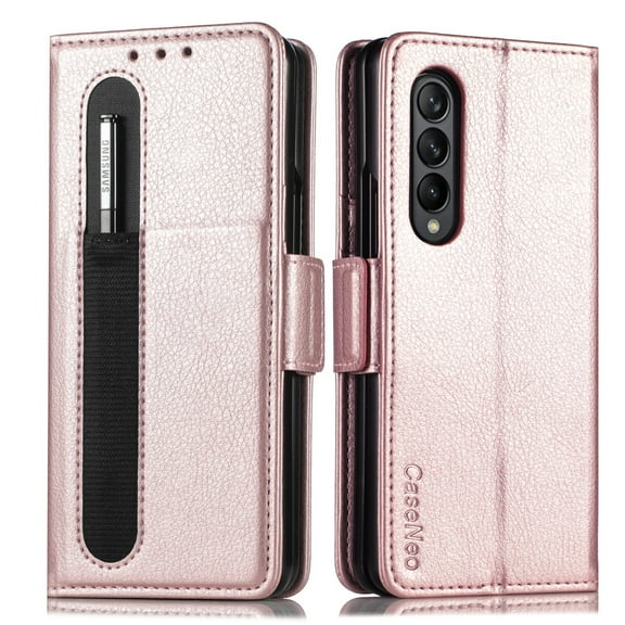 Galaxy Z Fold 3 Wallet Case with S Pen Holder, PU Leather Folding Phone Cover for Men Women, Card Slot PC Inner Case Magnetic Flip Kickstand Cover for Samsung Galaxy Z Fold 3 5G, Rosegold
