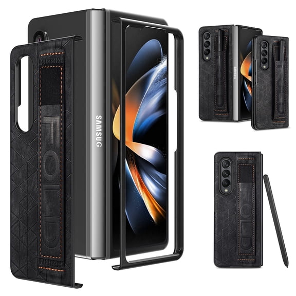 Galaxy Z Fold 4 5G Case, TECH CIRCLE Slim Lightweight PU Leather Flip Folio Cover with Wristband Pen Holder Full Body Rugged Protective Case for Samsung Galaxy Z Fold 4 5G 2022,Black