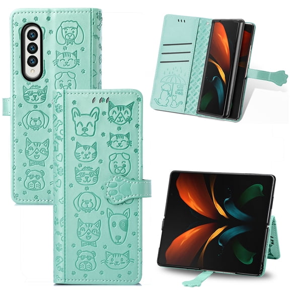 Galaxy Z Fold 4 5G Wallet Case,PU Leather Protective Case Emboss Cat Folio Magnetic with Card Slots Holder Kickstand Flip Case for Samsung Galaxy Z Fold 4 5G 2022,Green