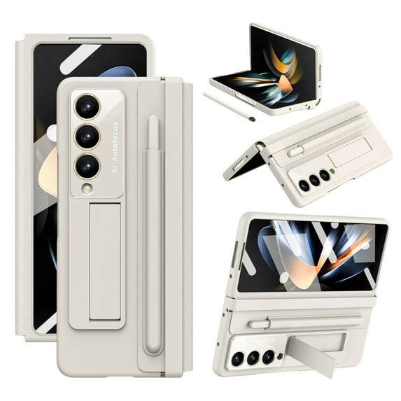 Galaxy Z Fold 4 All-Inclusive Case, Galaxy Z Fold 4 Case with S Pen Holder and Hinge Protection, Built-in Kickstand with Screen Protector + Stylus for Samsung Galaxy Fold 4 Cover, White