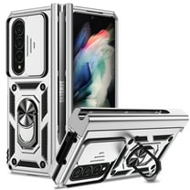 for Galaxy Z Fold 4 Case, Soft TPU & Hard PC Anti-scratch Sliding Cover Full Protection Ring Stand Rotating Kickstand Holder Magnetic Shockproof Phone Case Cover for Samsung Z Fold 4 5G,Silver
